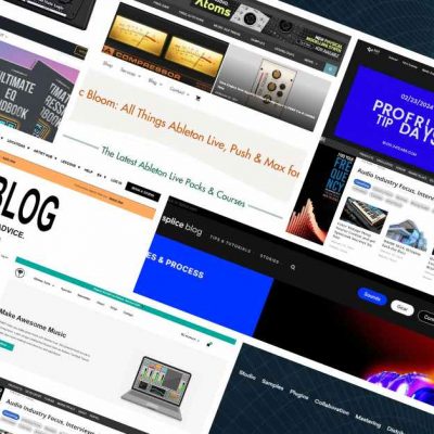 Displayed is a collage of various website pages focused on music production and technology. Prominent elements encompass website headers, articles, tutorials, and advertisements covering subjects such as Ableton, Pro-Tip Days, alongside various music production tips and tools.
