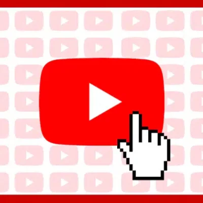 A white play button at the center of a red YouTube logo is prominently displayed. In the foreground, a pixelated hand cursor points towards it, creating a sense of interaction. The background features a pattern of smaller, faded YouTube logos, adding depth to the image. Red borders frame the entire scene, maintaining thematic consistency with the primary logo color.